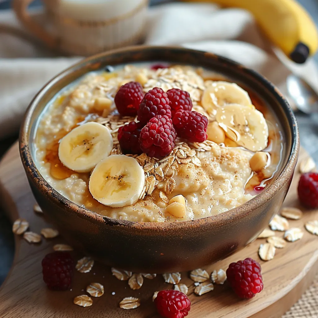 A bowl of oatmeal with bananas and raspberries.