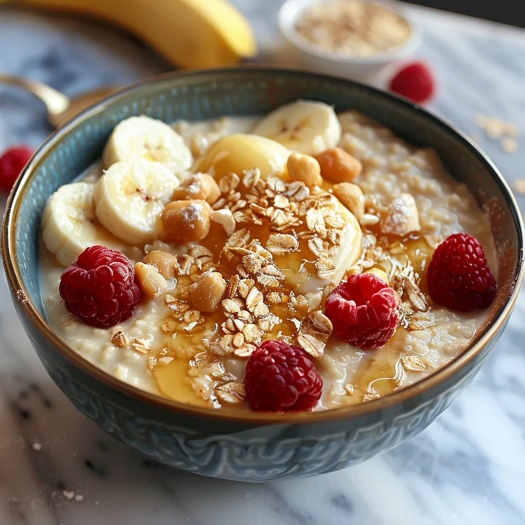 A bowl of oatmeal with bananas and raspberries.