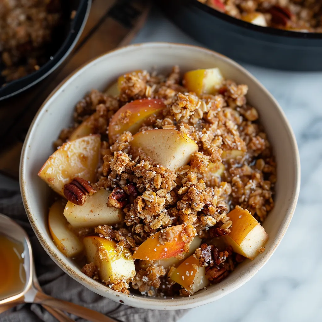 A bowl of oatmeal with apples and nuts.