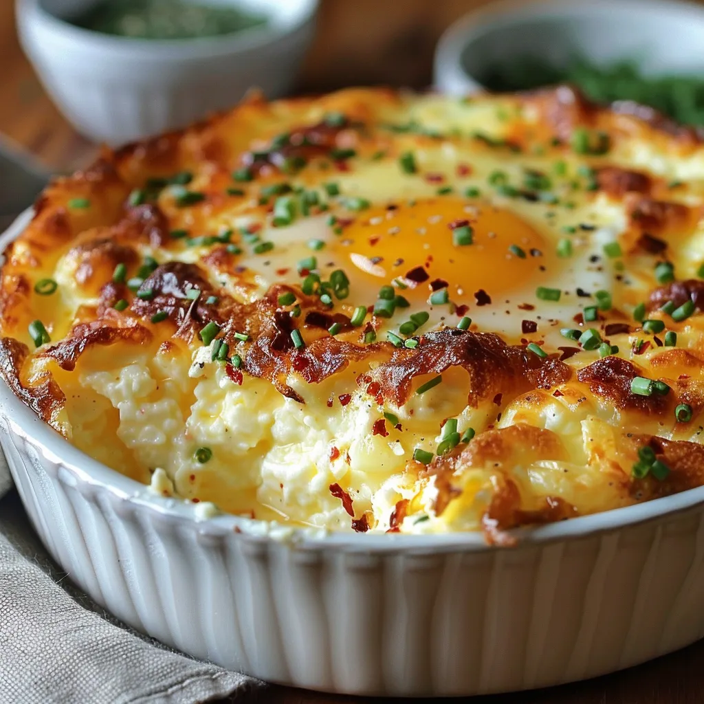 A white bowl with a casserole in it.