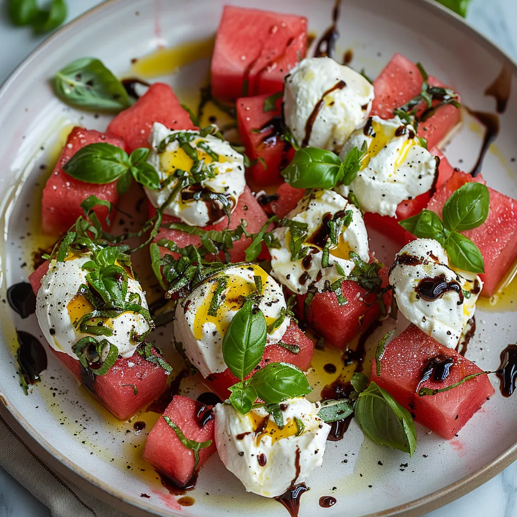 A plate of food with watermelon and cheese.