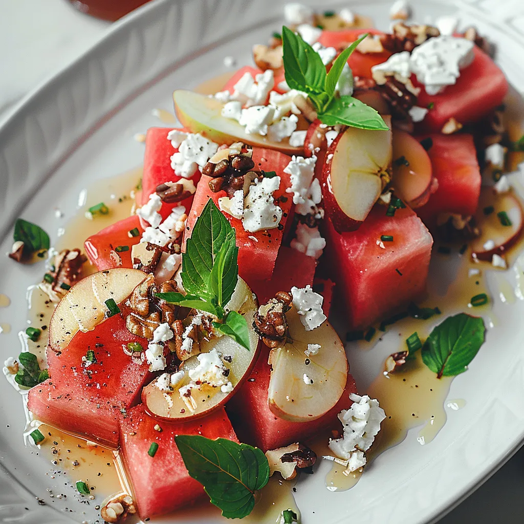 A plate of watermelon slices with feta cheese and mint.