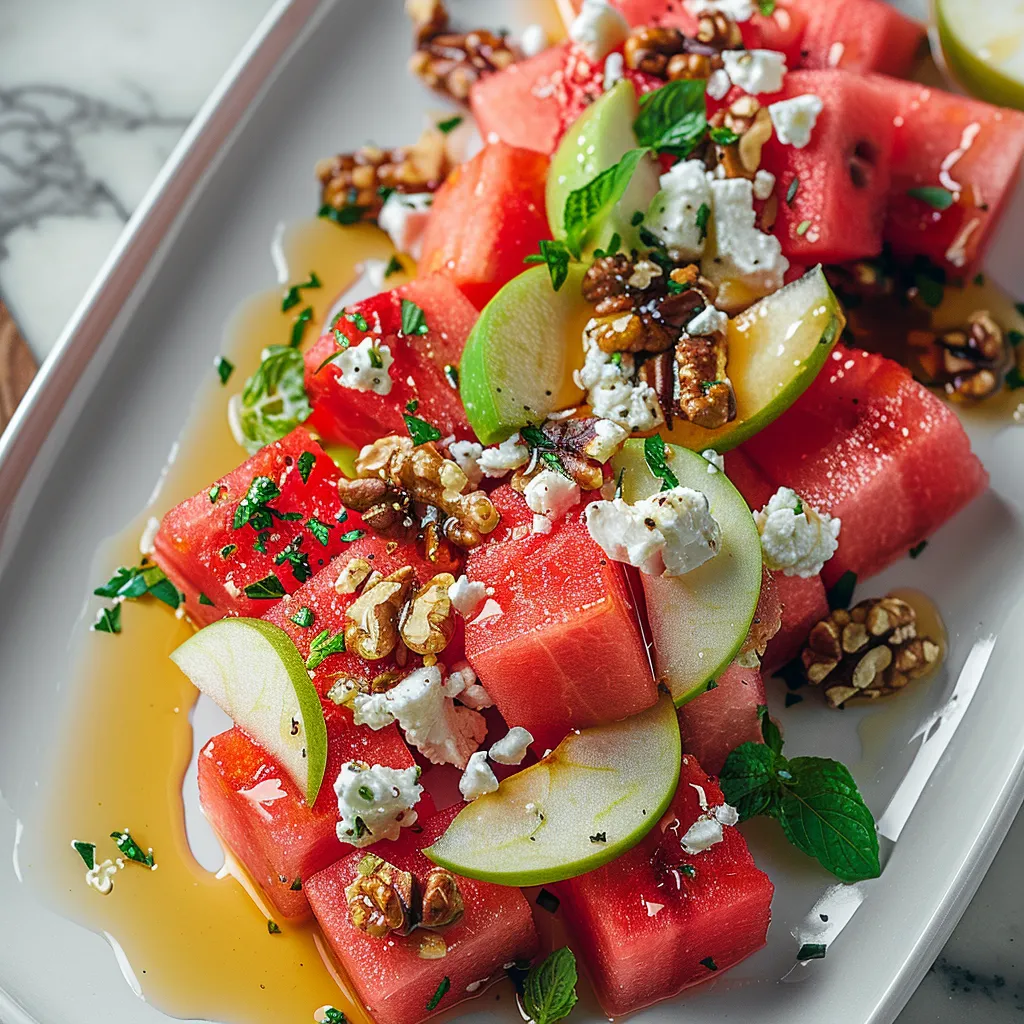 A plate of watermelon slices with feta cheese and nuts.