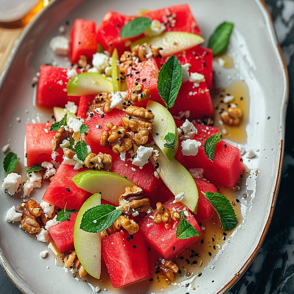 A plate of watermelon with feta cheese and mint.