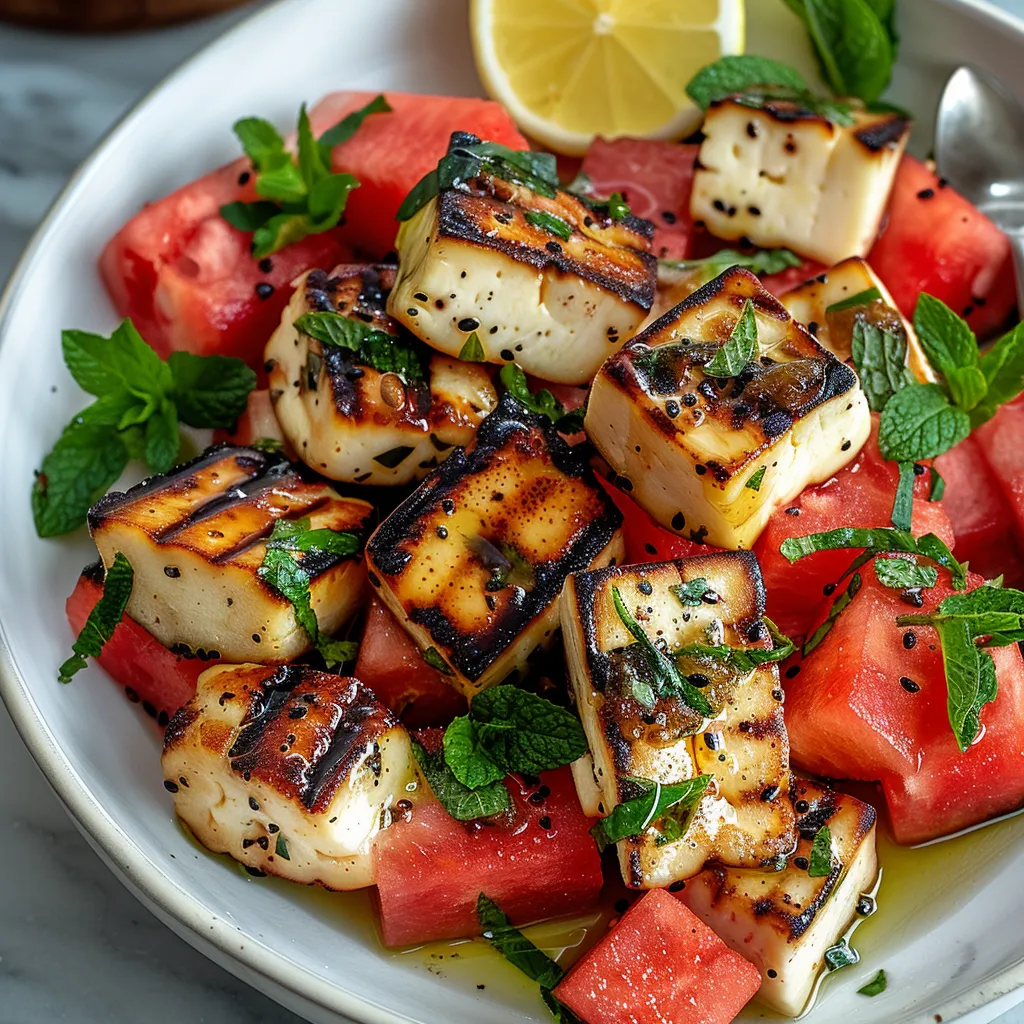 A plate of food with watermelon, lemon, and mint.