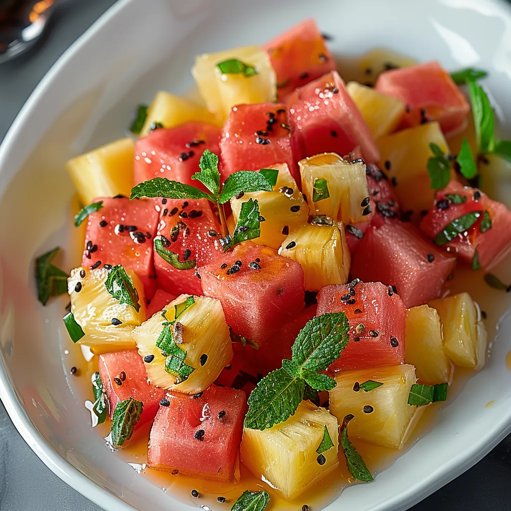 A white bowl filled with sliced watermelon and pineapple.