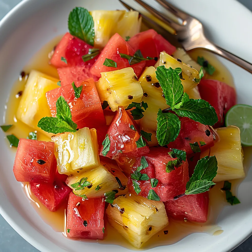 A bowl of fruit with watermelon, pineapple, and lime.