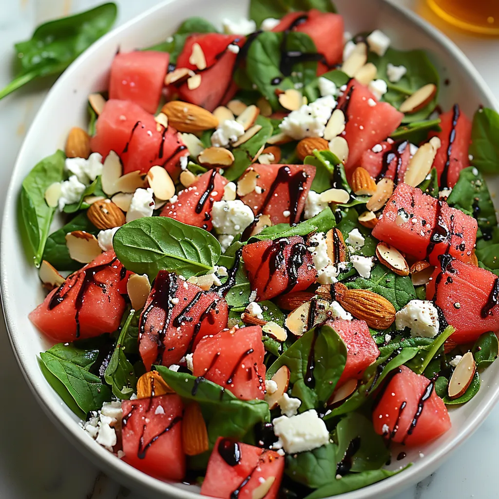 A bowl of fruit salad with watermelon, nuts, and feta cheese.