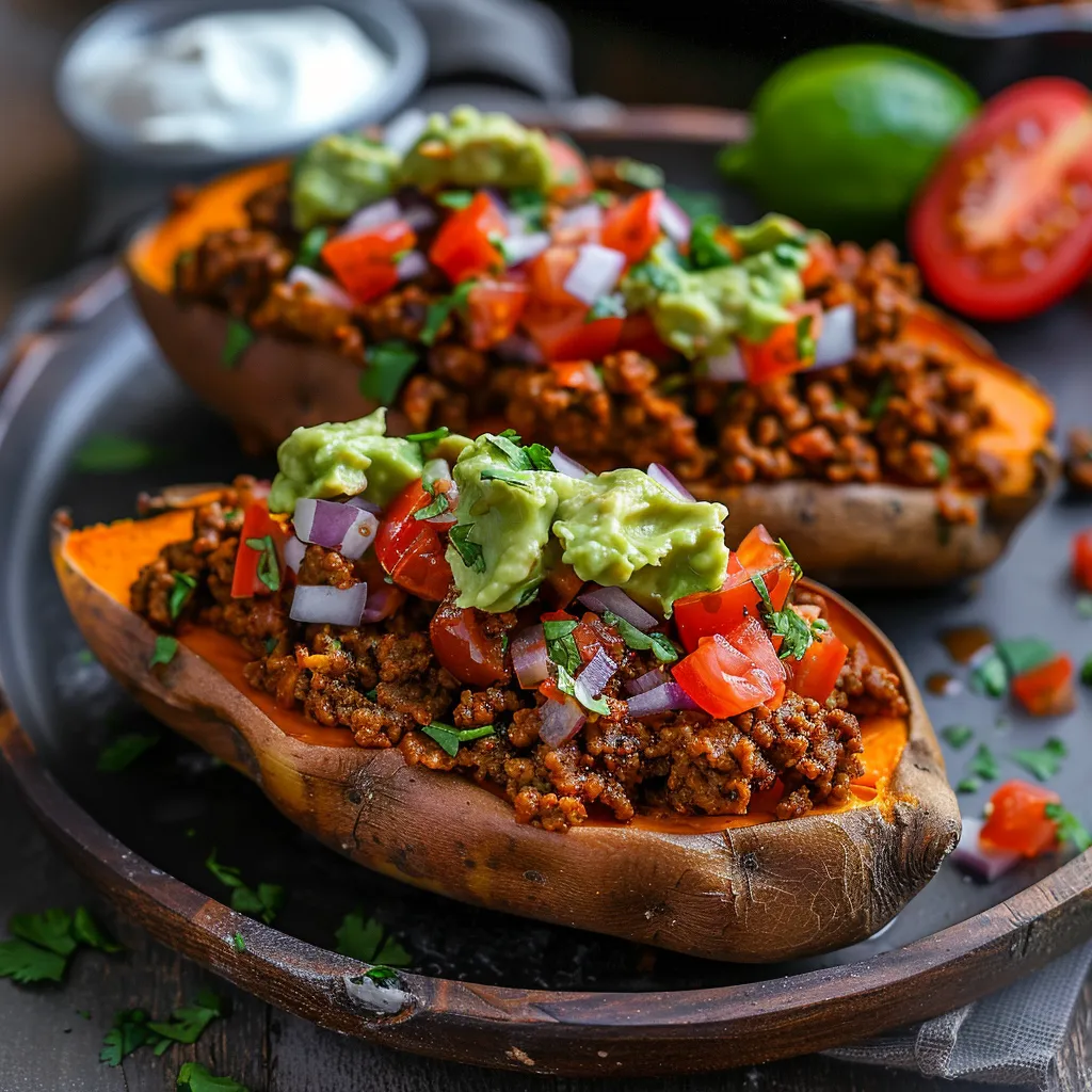 Two sliced baked potatoes with meat and salsa.