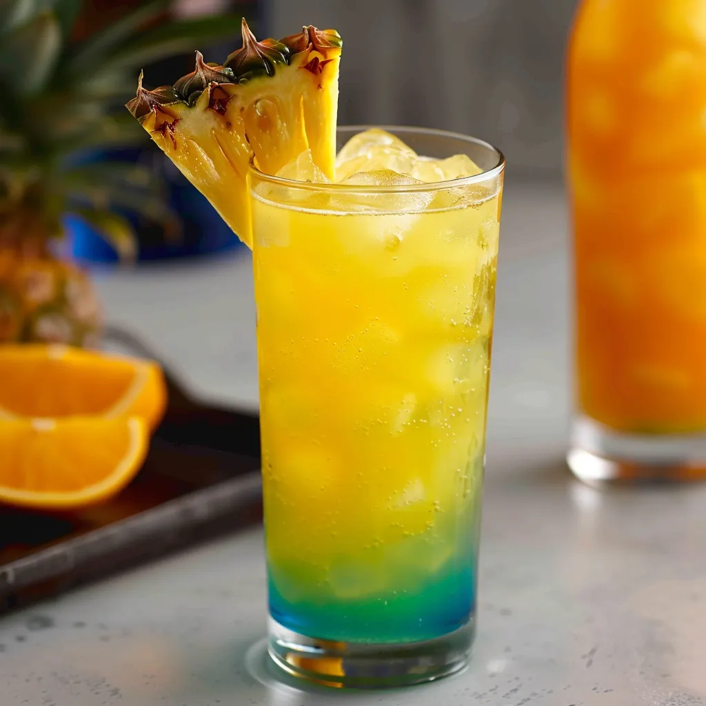 A glass of pineapple juice with a pineapple wedge on top.