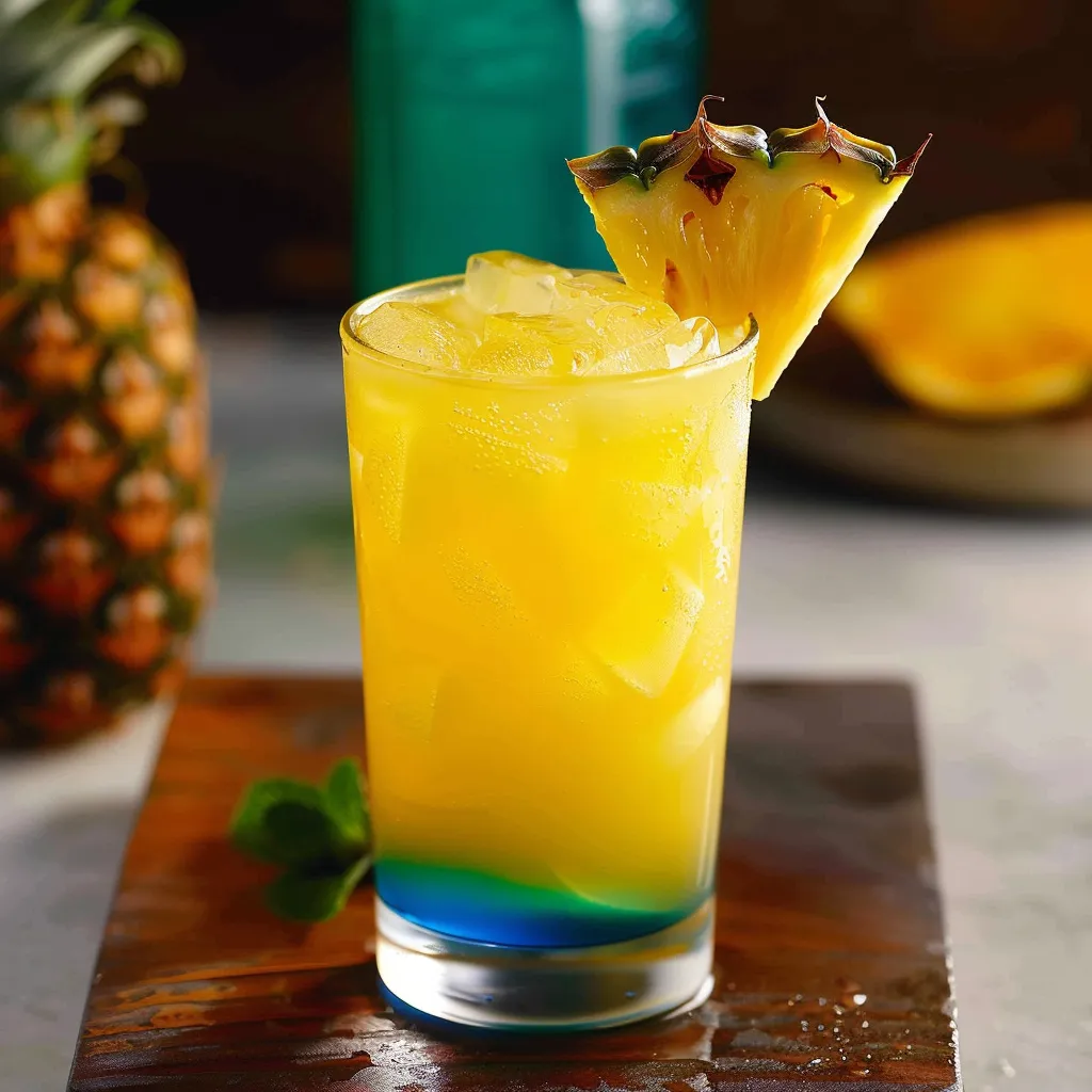 A glass of yellow drink with a pineapple on top.