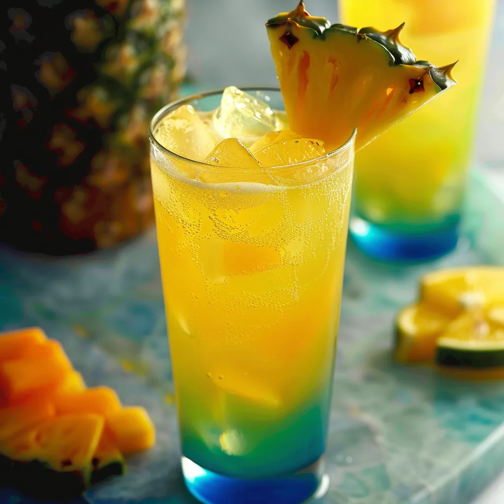 A glass of pineapple juice with a pineapple wedge.
