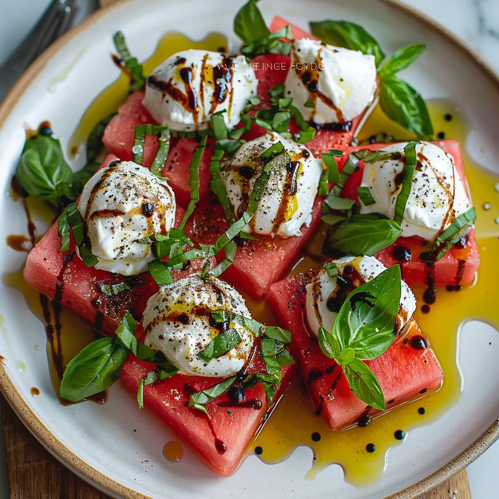 A plate of food with a slice of watermelon and cheese.