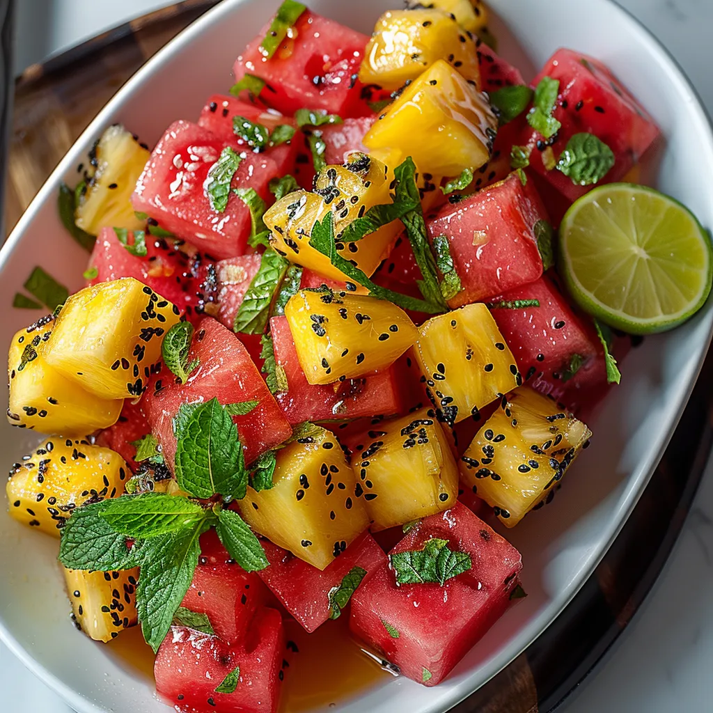 A bowl of fruit with watermelon, pineapple, and lime.