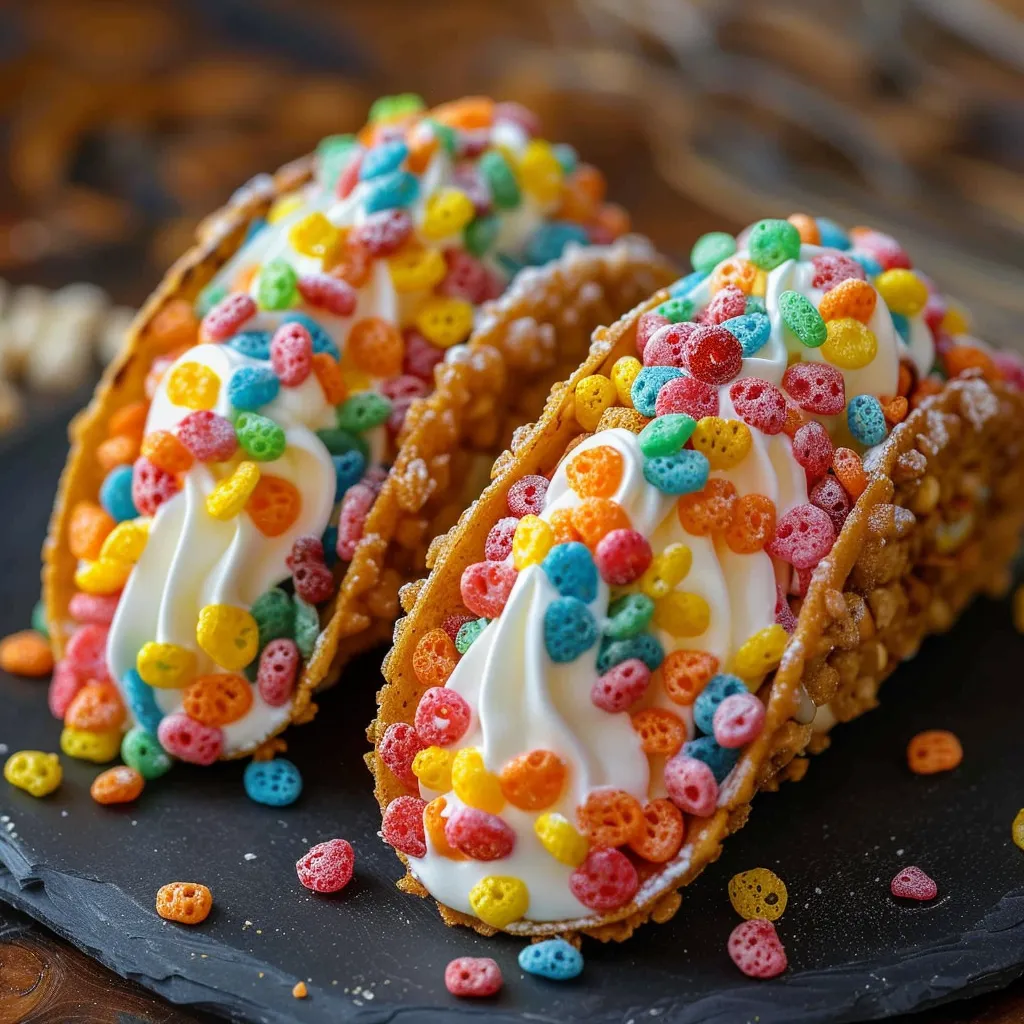Two colorful tacos with white cream.