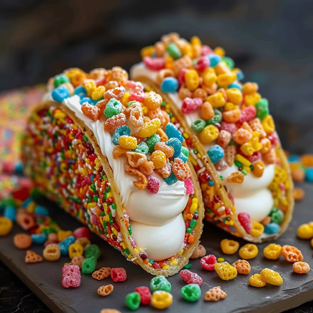 A colorful cereal taco with white cream.