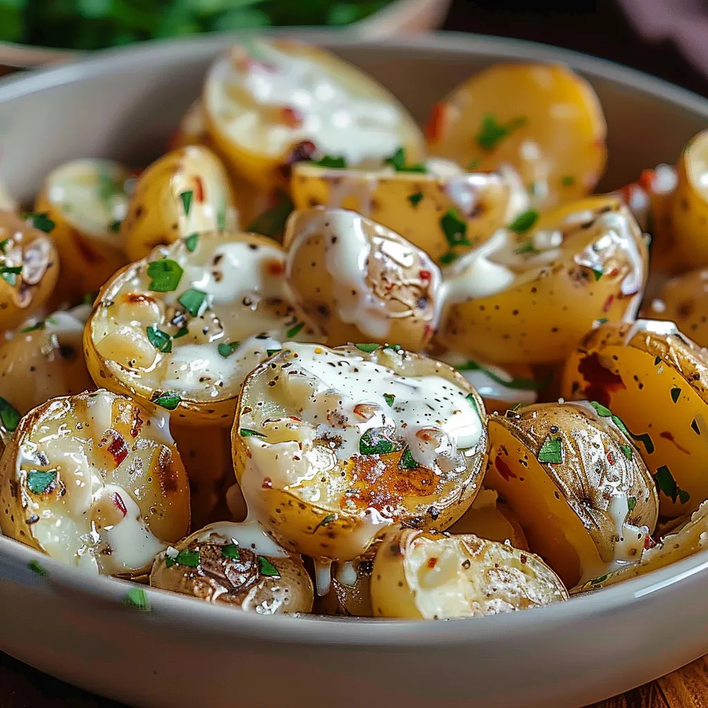 A bowl of potatoes with sauce.