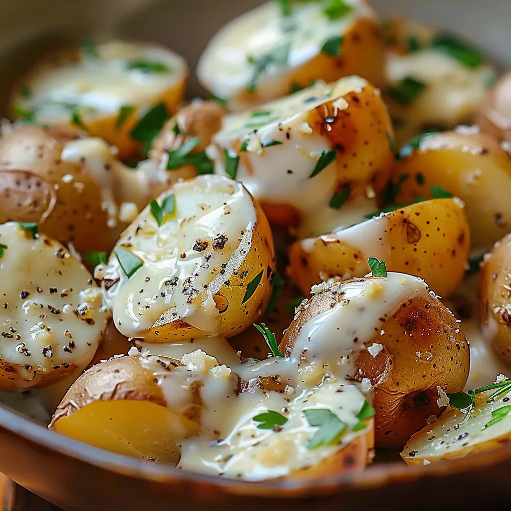 A bowl of potatoes with cheese and herbs.