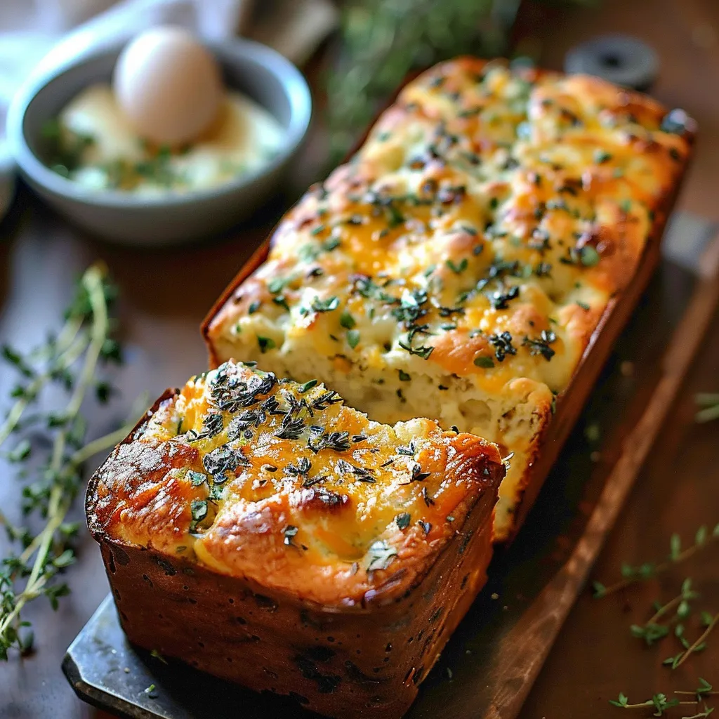 A loaf of bread with cheese and herbs.
