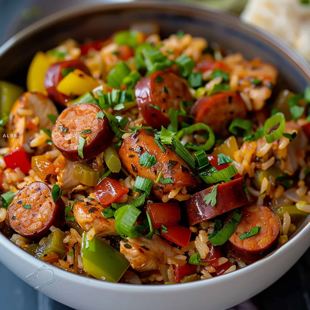 A bowl of rice with sausage and vegetables.