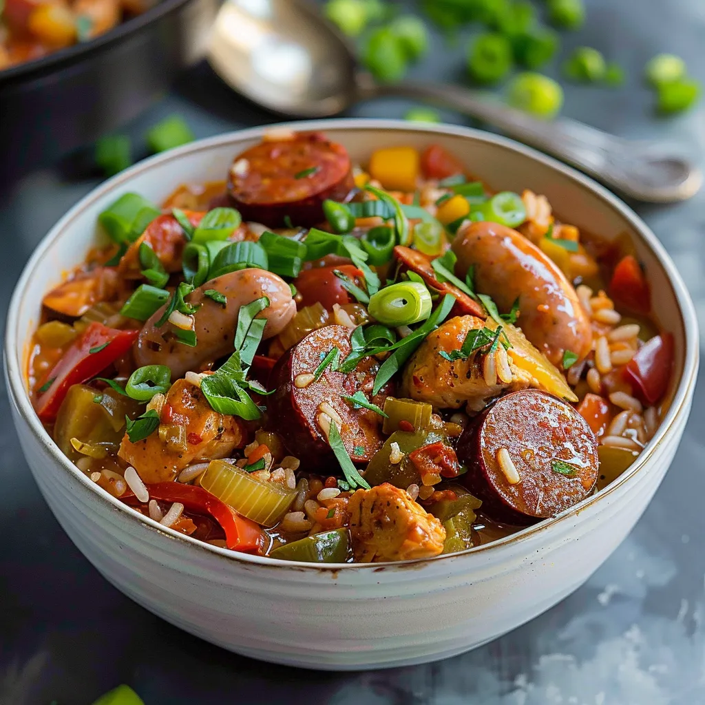 A bowl of food with sausage and peppers.