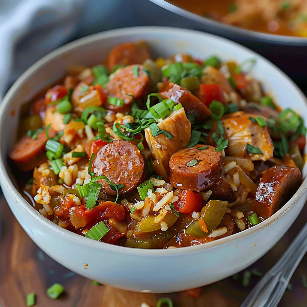 A bowl of soup with sausage and vegetables.