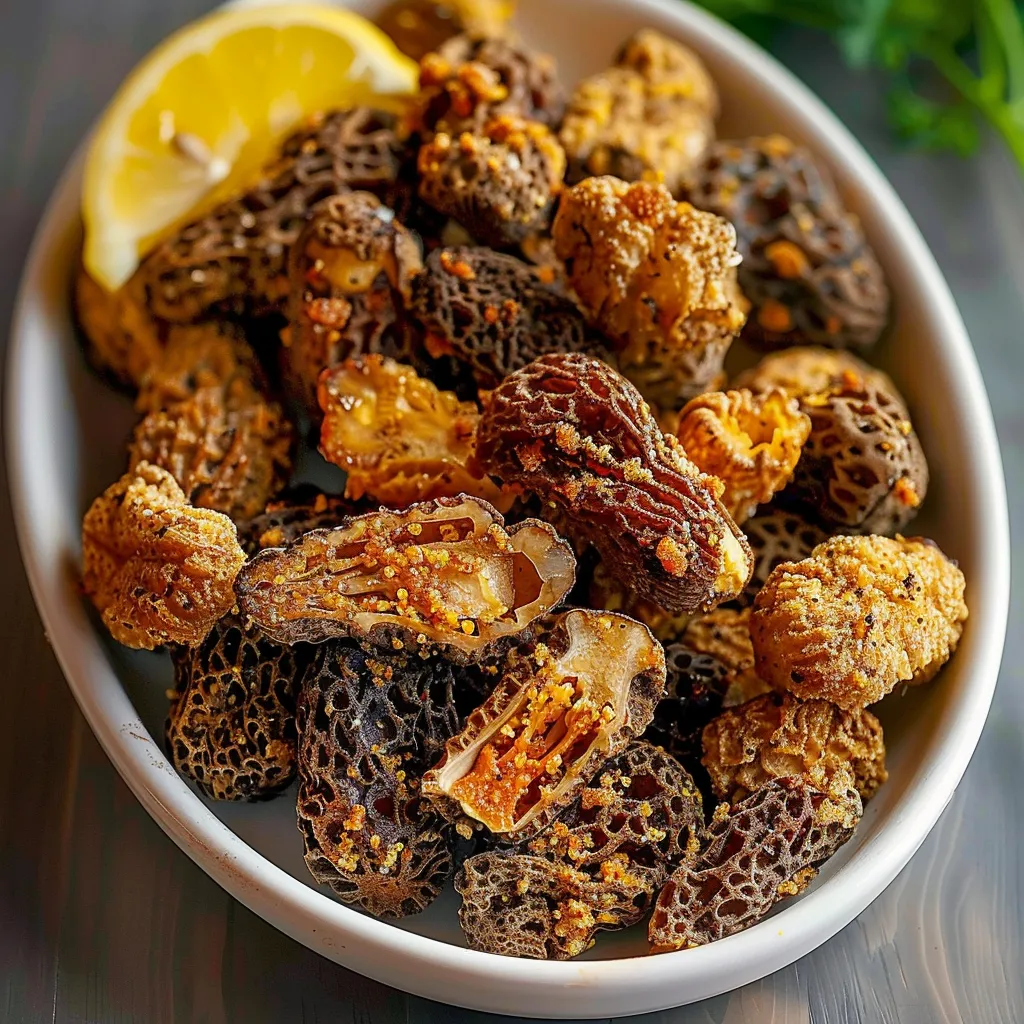 A bowl of mushrooms with a lemon wedge on top.
