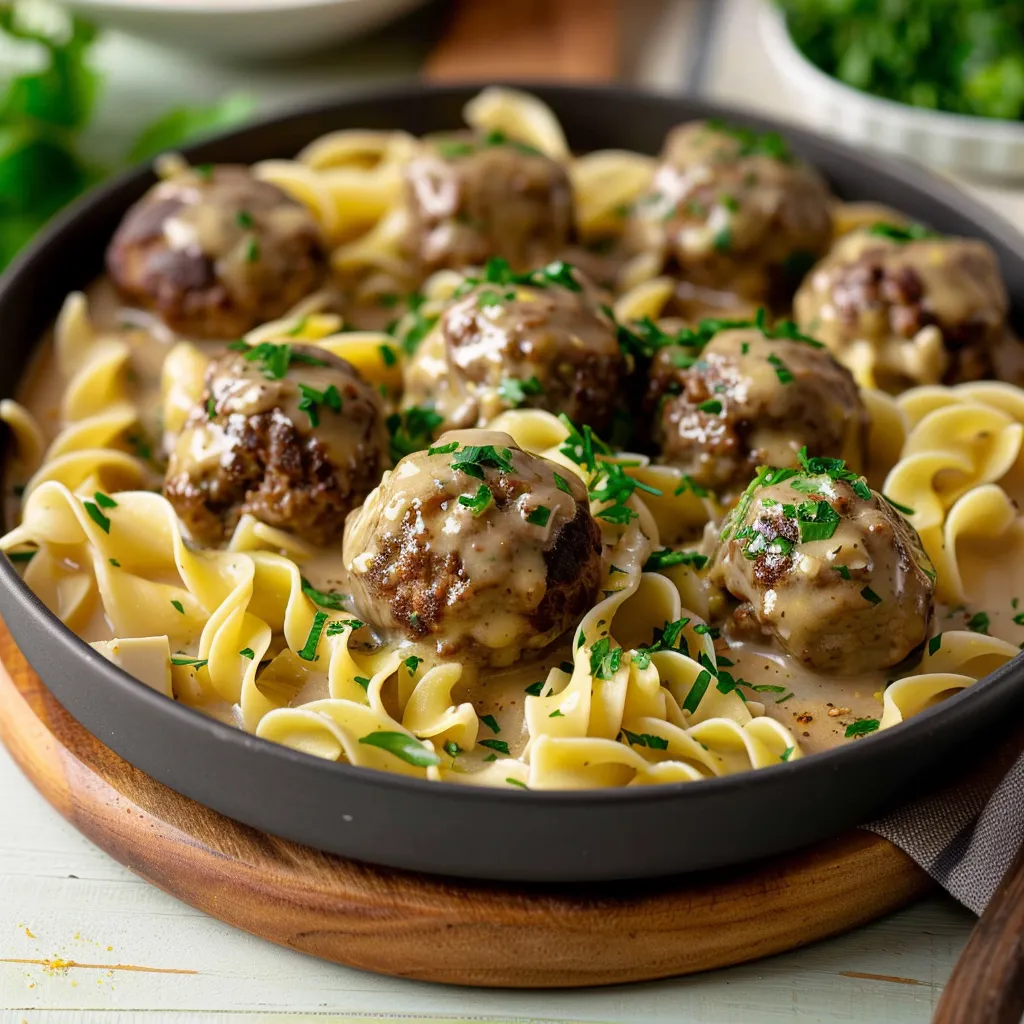 A plate of pasta with meatballs and sauce.