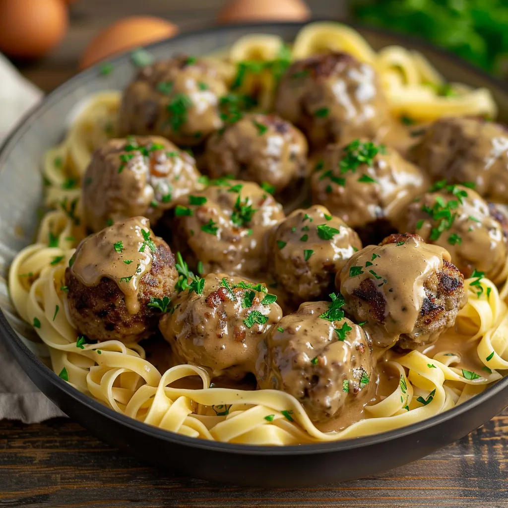 A bowl of meatballs with pasta.