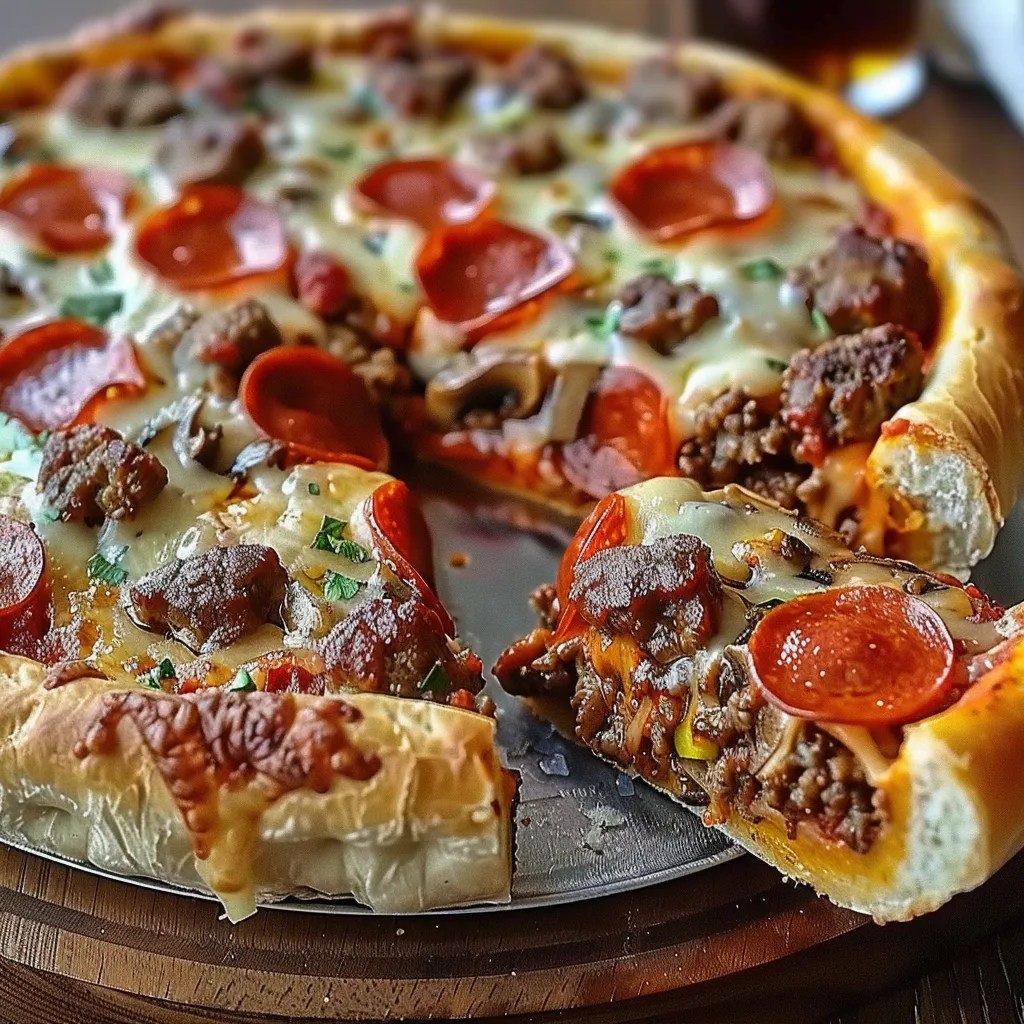 A slice of pizza with pepperoni and sausage.