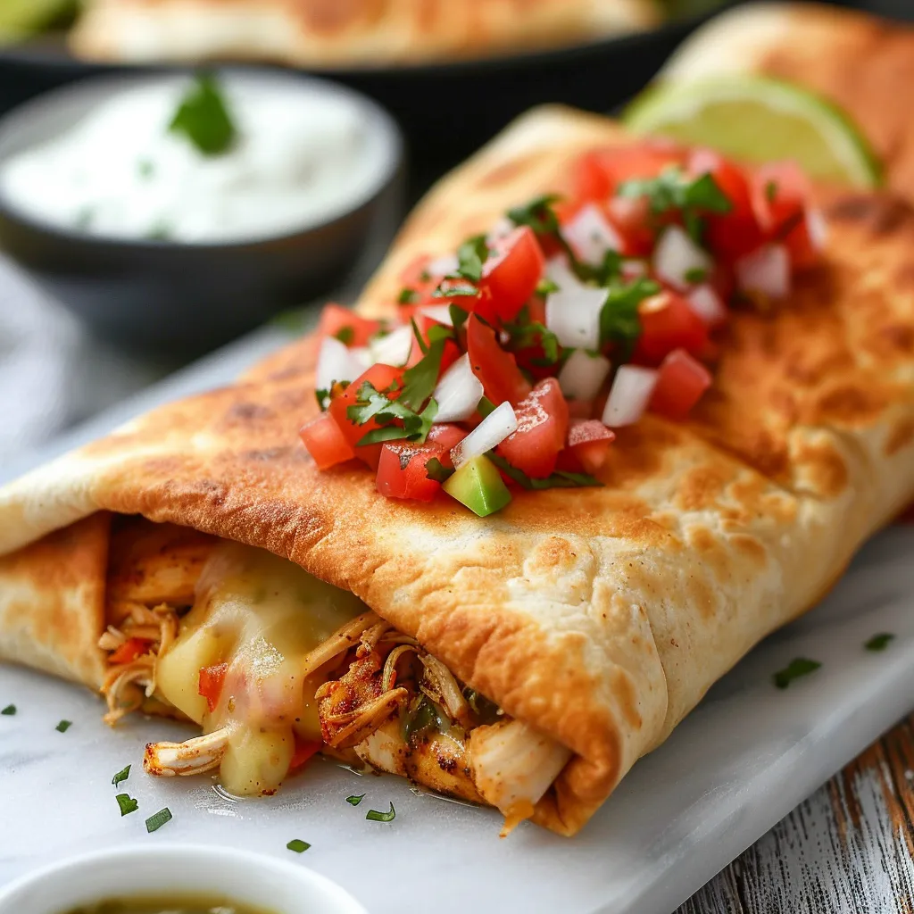 A burrito with tomatoes and cheese.