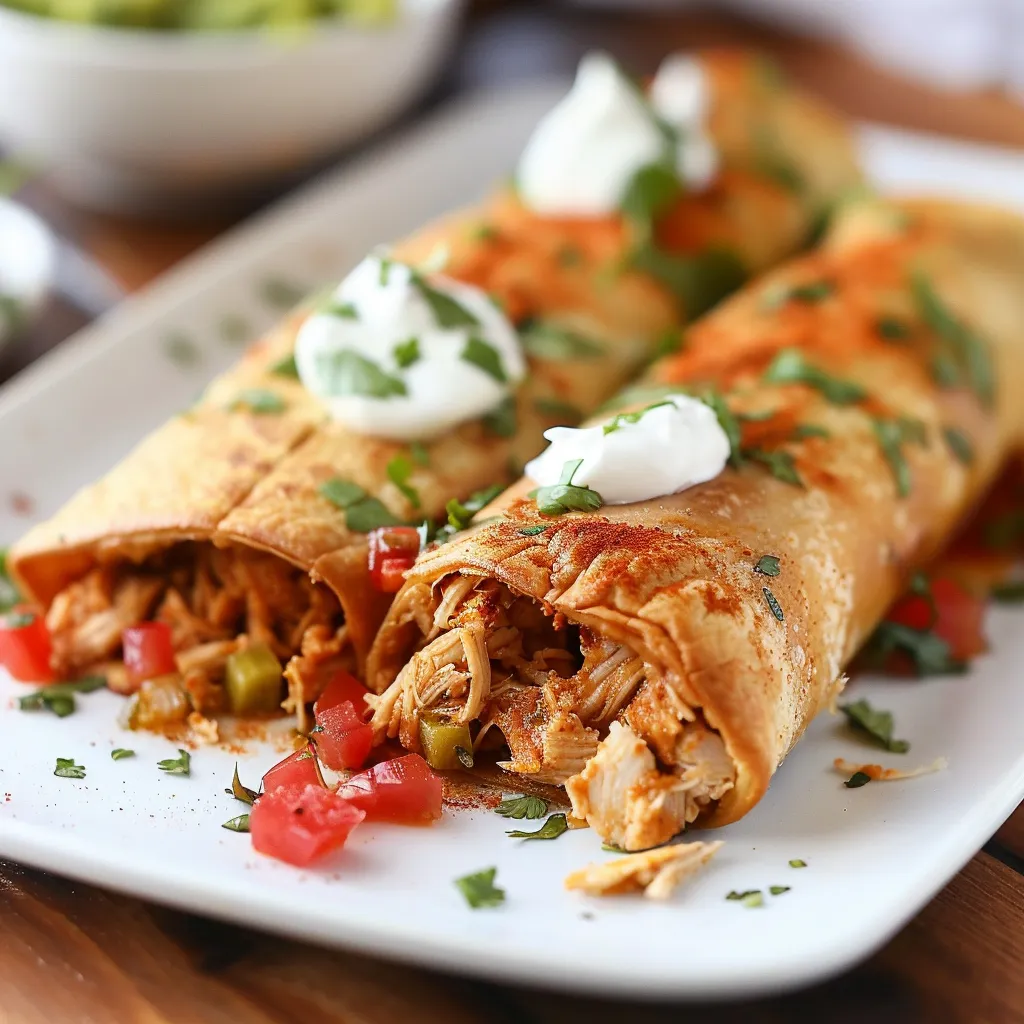 Two chicken enchiladas with sour cream and guacamole on a plate.