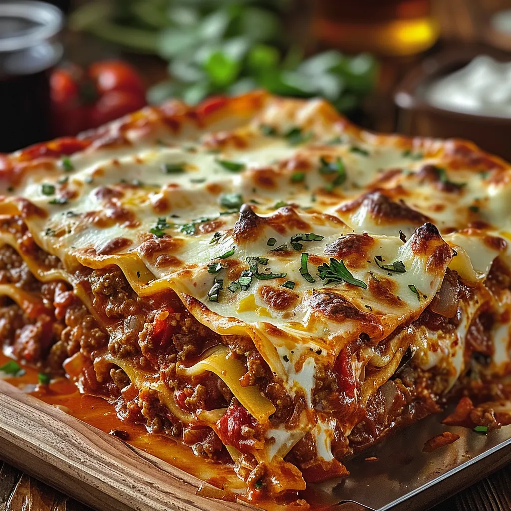 A delicious lasagna with meat and cheese.