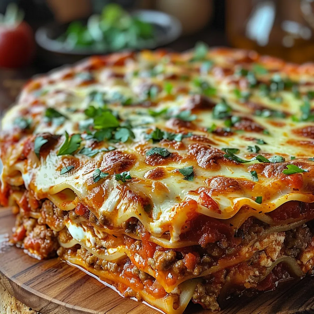 A large lasagna with cheese and herbs on top.