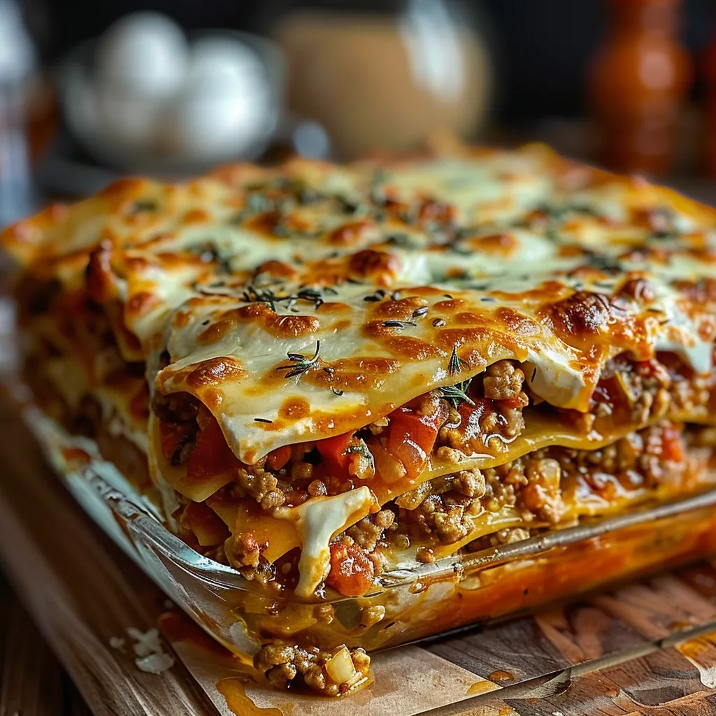 A pan of lasagna with meat and cheese.