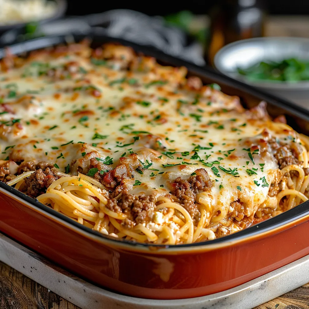 A dish of lasagna with cheese and meat.
