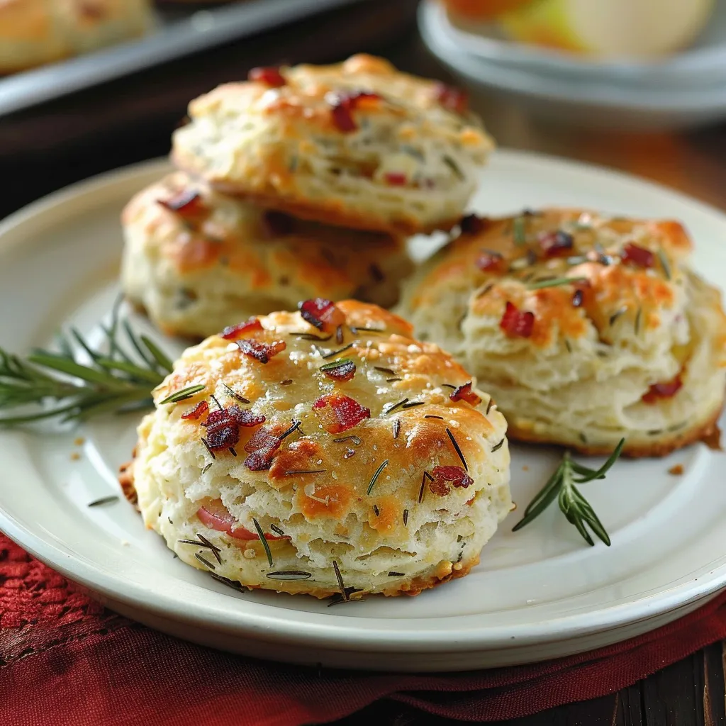 A plate of biscuits with bacon and herbs.
