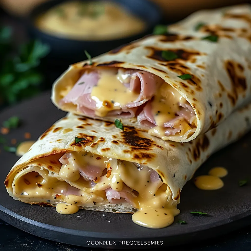 A burrito with cheese and ham on it.