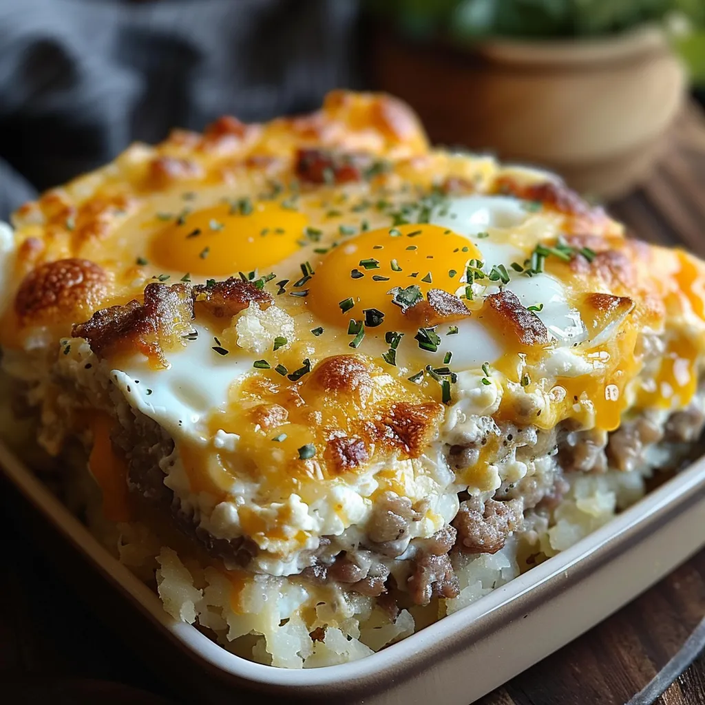 A breakfast dish with eggs, potatoes and cheese.