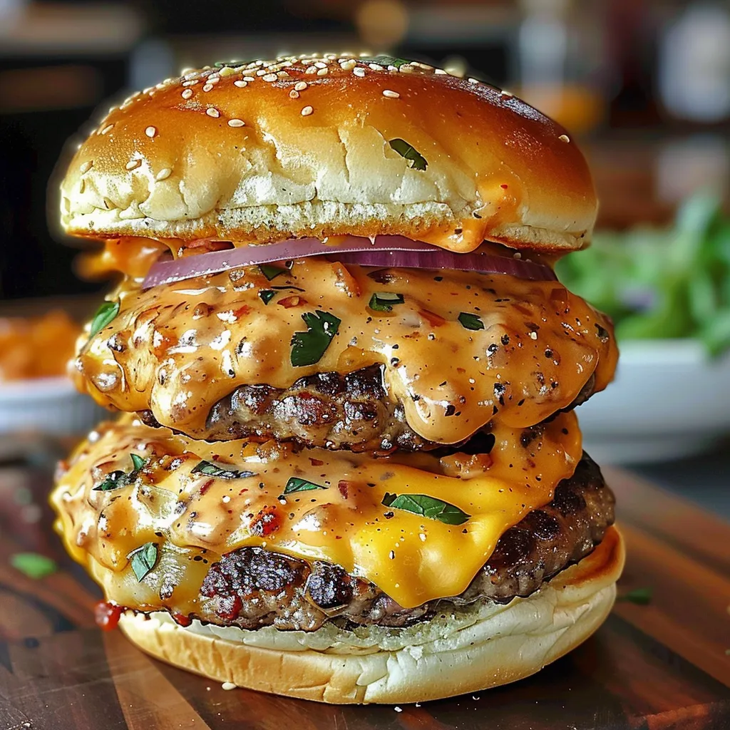A large cheeseburger with lettuce and tomato on a wooden table.