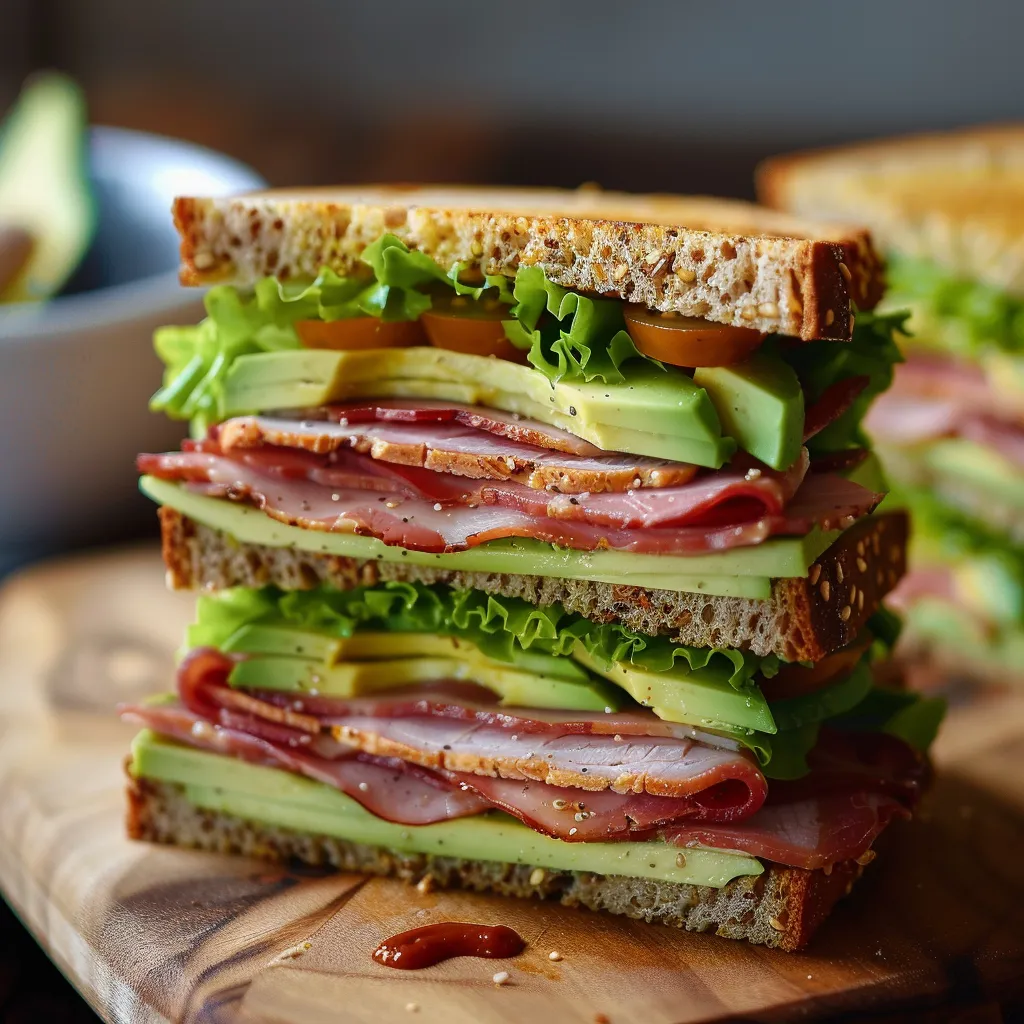 A stack of sandwiches on a cutting board.