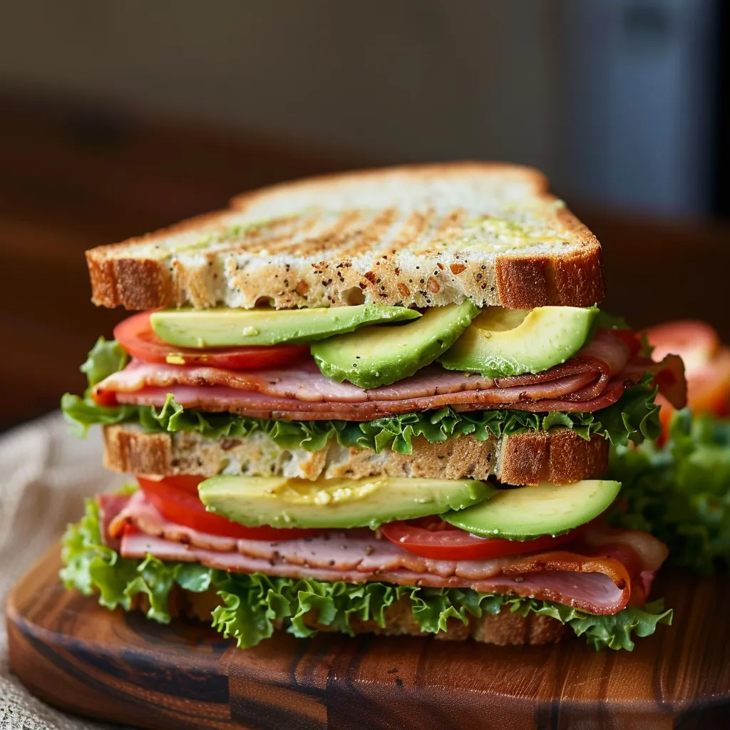 A sandwich with lettuce, tomato, and avocado.
