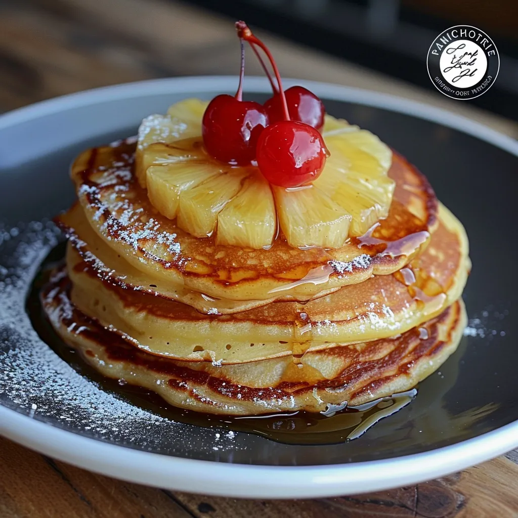 A stack of pancakes with a cherry on top.