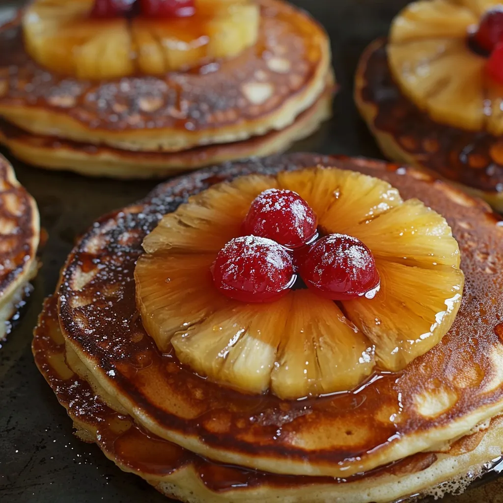 Pancakes with pineapple and cherries.