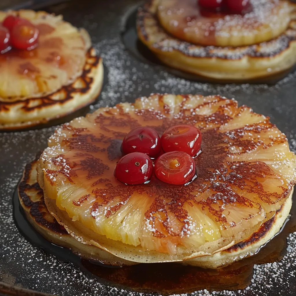 A pineapple upside down cake with cherries on top.