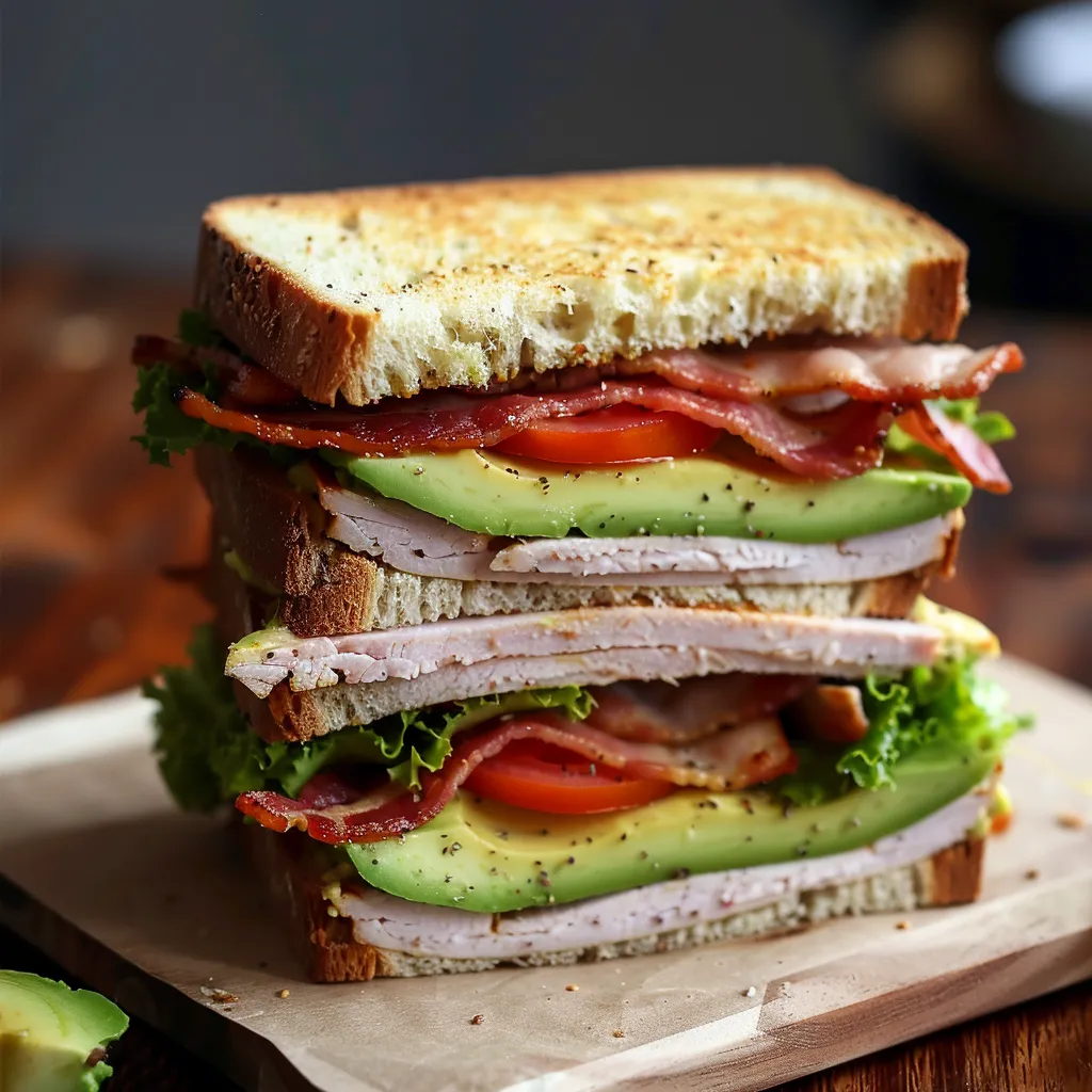 A sandwich with bacon, lettuce, tomato, and avocado.