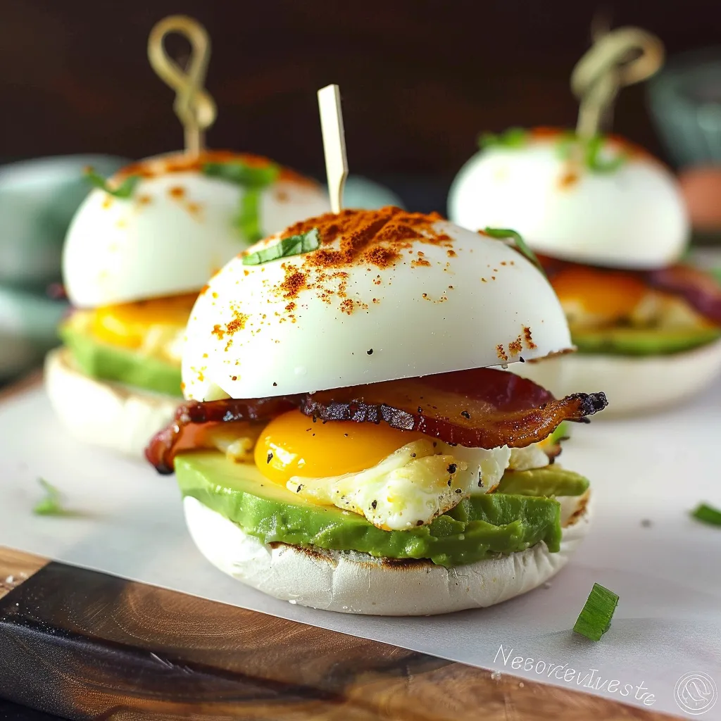 A breakfast sandwich with bacon, egg, and avocado.