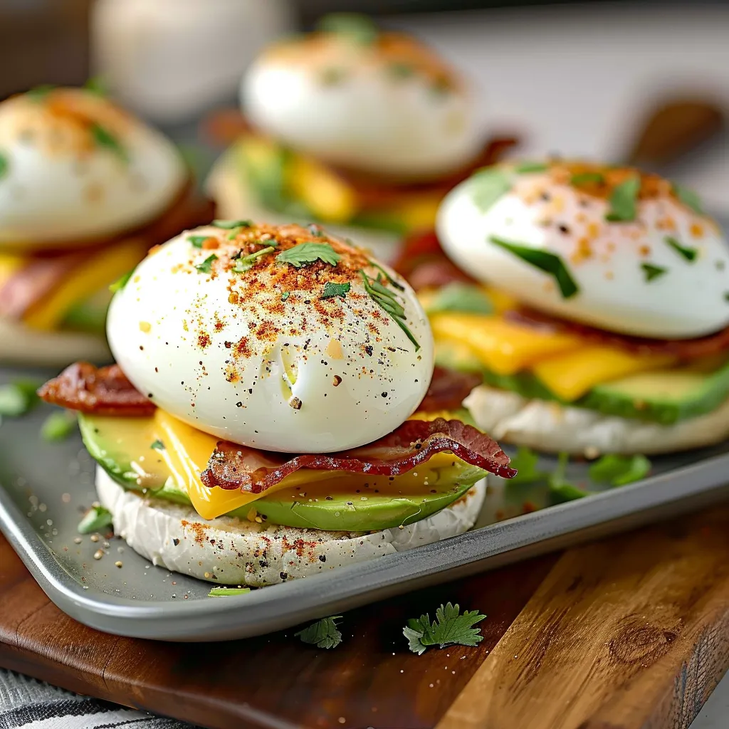 A plate of sandwiches with eggs and bacon.