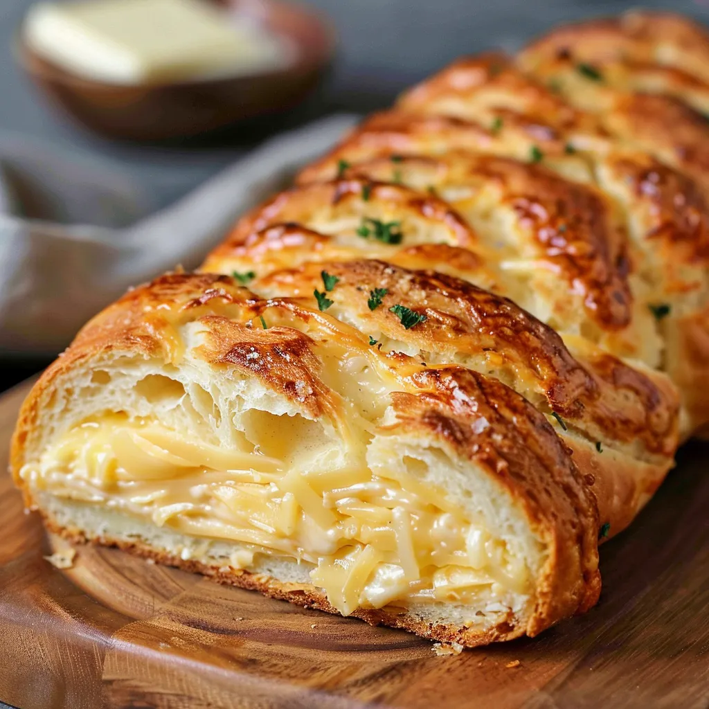 A slice of cheese bread on a wooden cutting board.