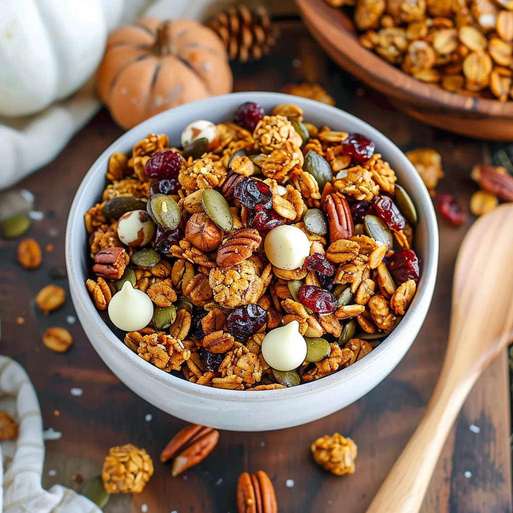 A bowl of granola with nuts and raisins.